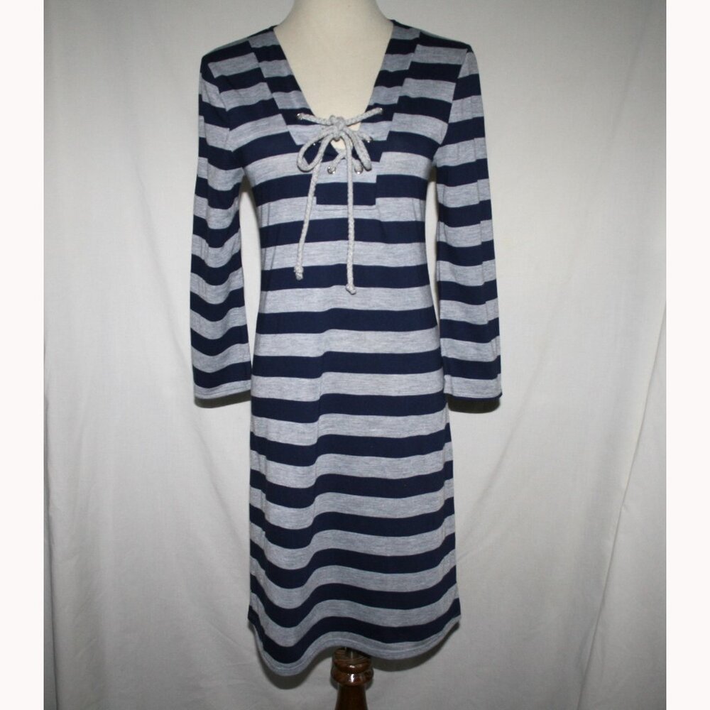 Sweet Pea Stacy Frati Navy Gray Striped 3/4 Sleeve Dress Small